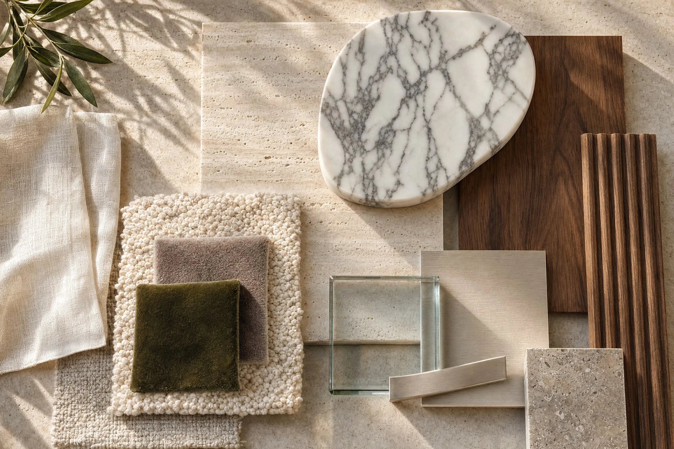 The material board: veined marble, travertine, dark and fluted timber, bouclé, velvet, sheer linen, brushed metal and speckled stone