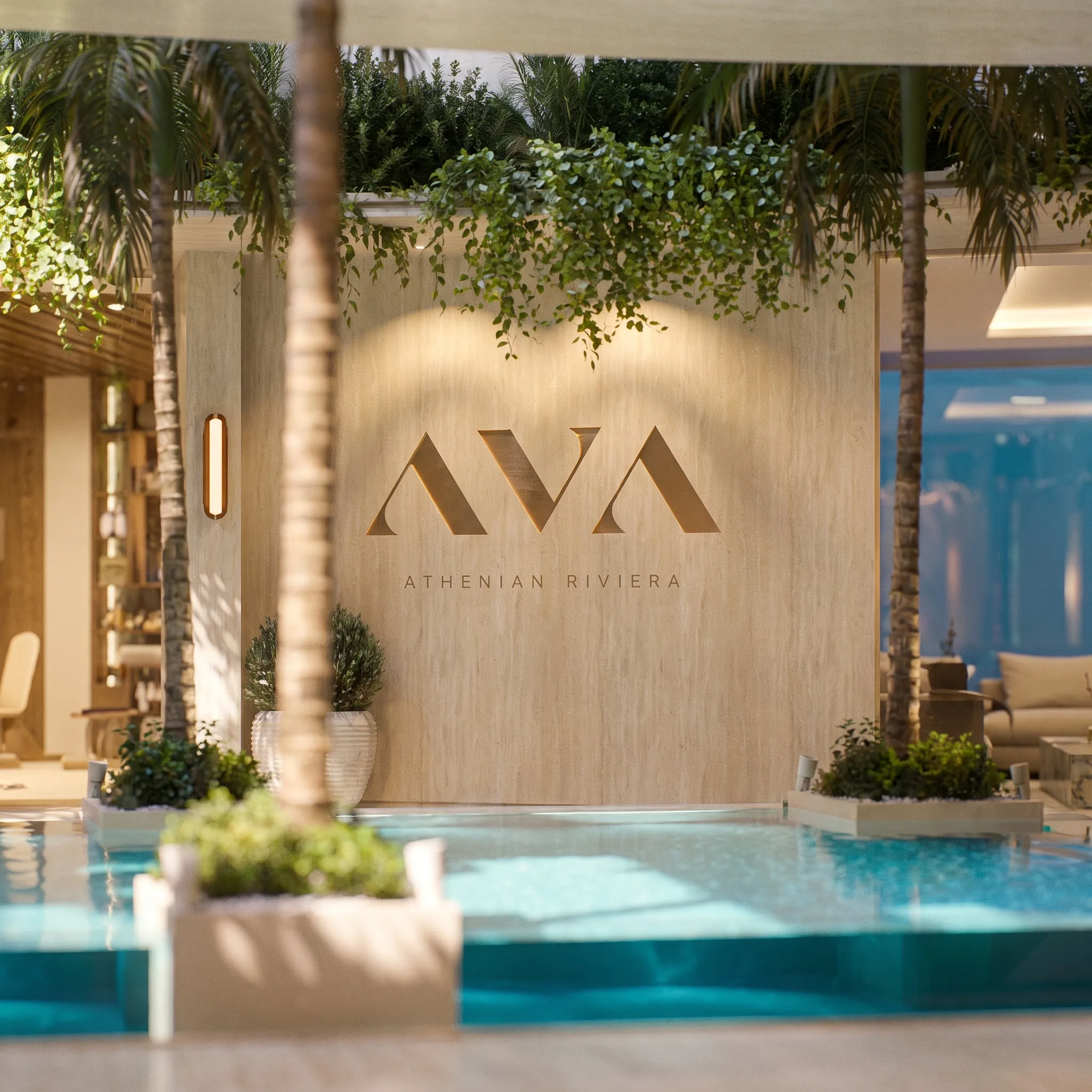 The AVA wall between palms by the courtyard pool, a lounge beyond