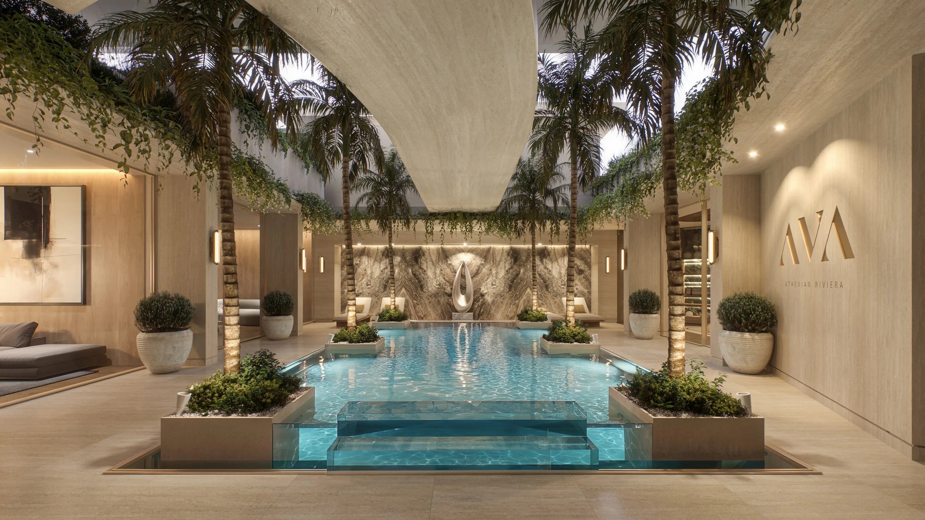 The Pavilion courtyard head-on: the pool between palms, the teardrop sculpture on the marble wall at its far end, the AVA wall on the right