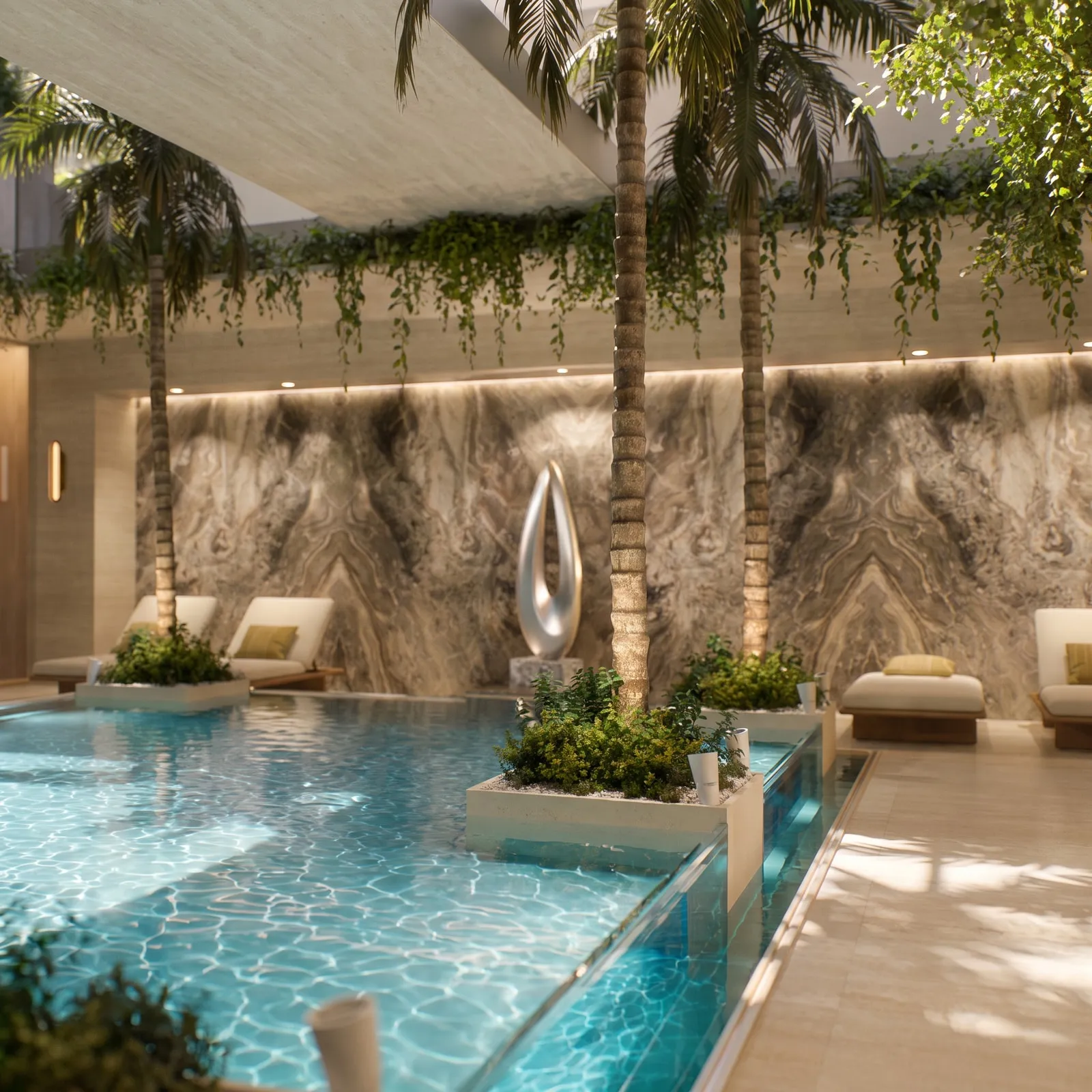 The teardrop beside the pool’s glass edge, the planting around it.