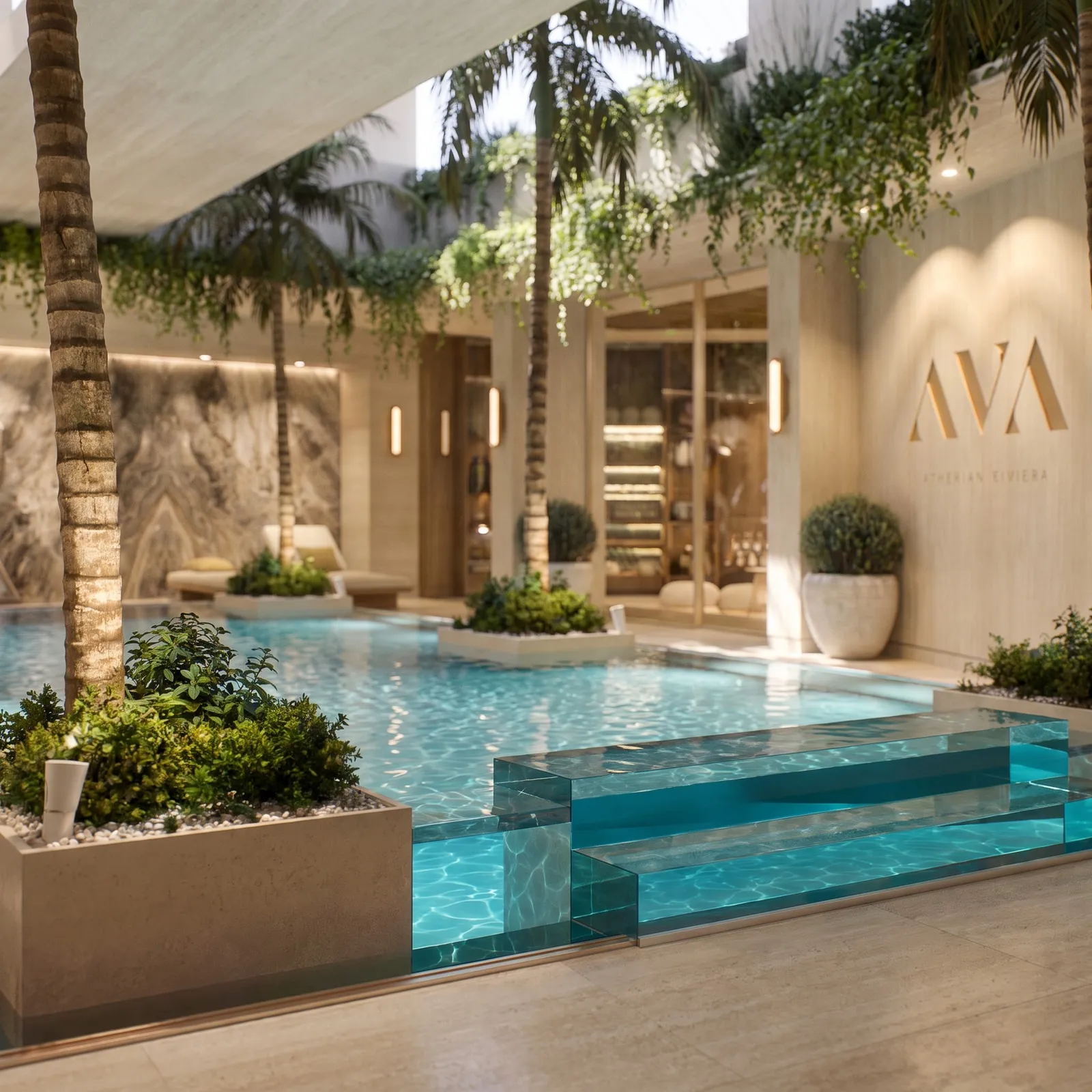 The pool’s glass steps and planters, the AVA wall beyond
