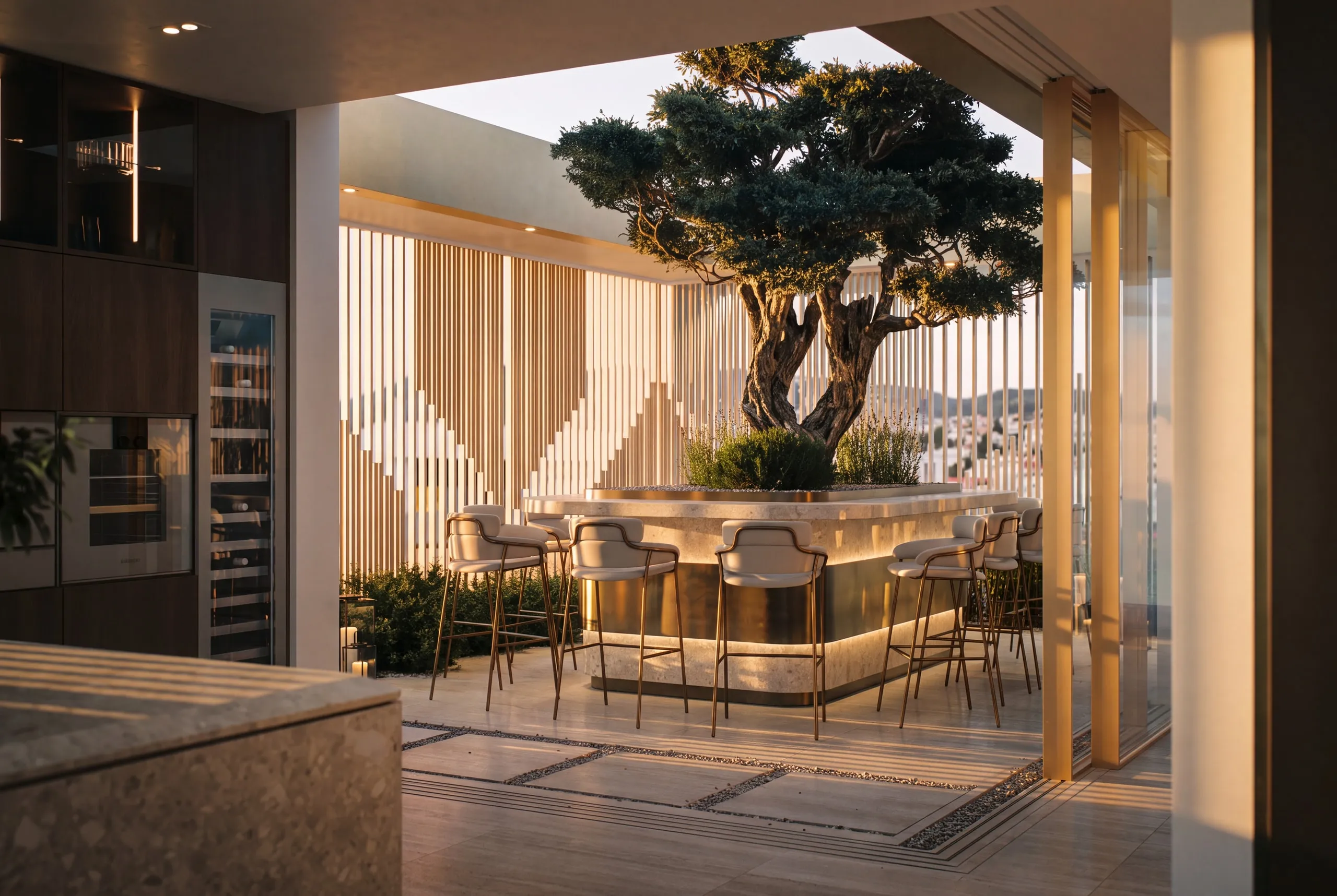 The Penthouse terrace bar, its stools around the olive tree, the city beyond