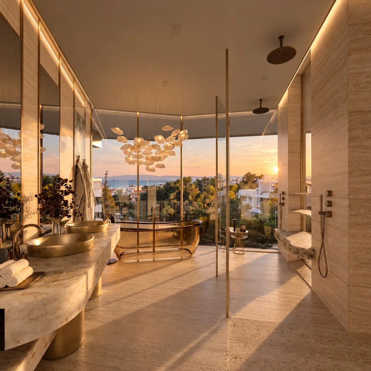 The Penthouse bathroom at sunset: twin gold basins, an amber bath at the glass, a cloud-like chandelier and the sea beyond