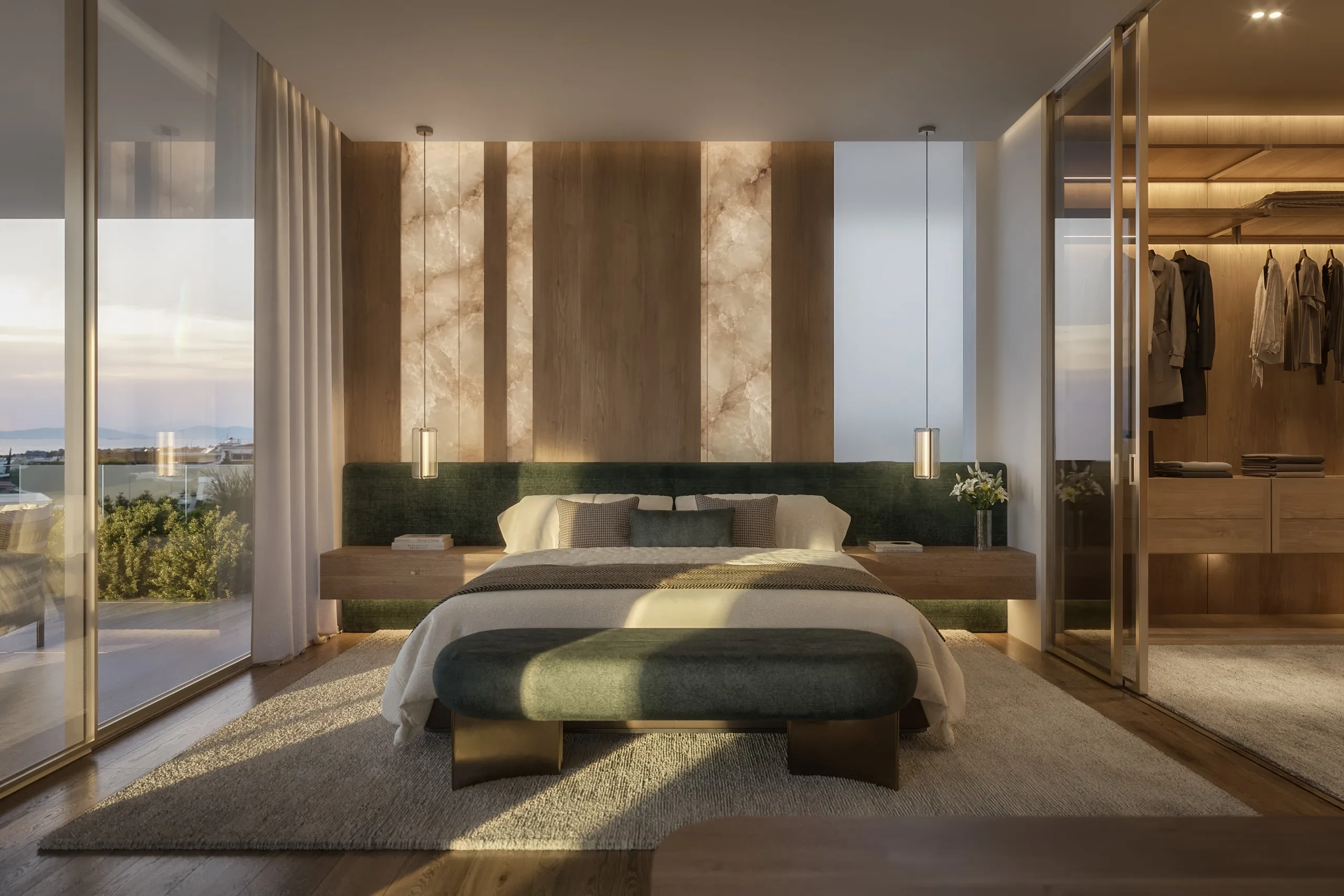 The Penthouse master bedroom: the bed between timber panels, the view beyond the glass