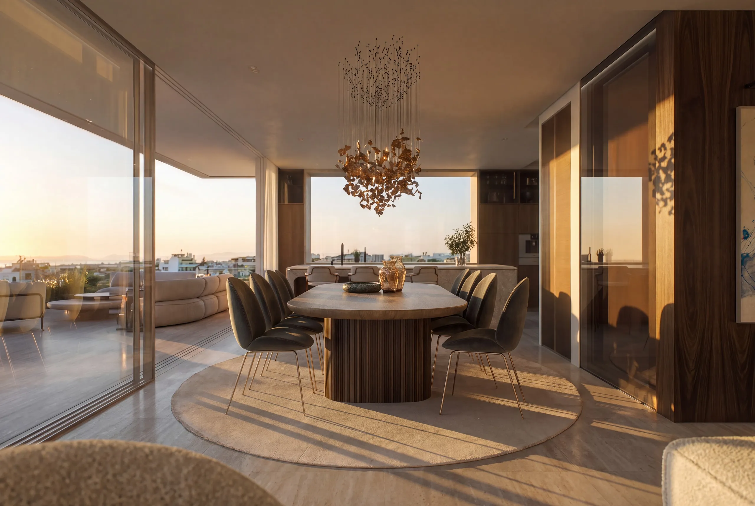 The Penthouse dining room: the oval table under the chandelier, the terrace beyond the glass