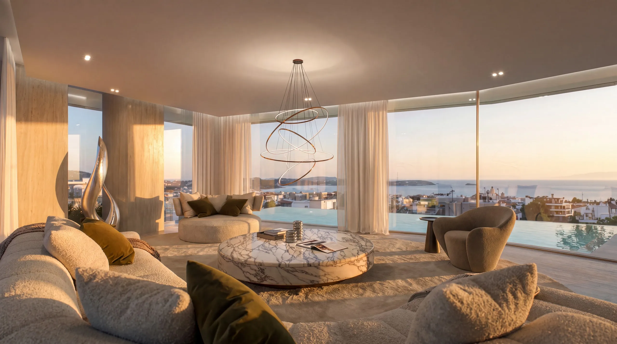 The Penthouse living room towards the sea at sunset