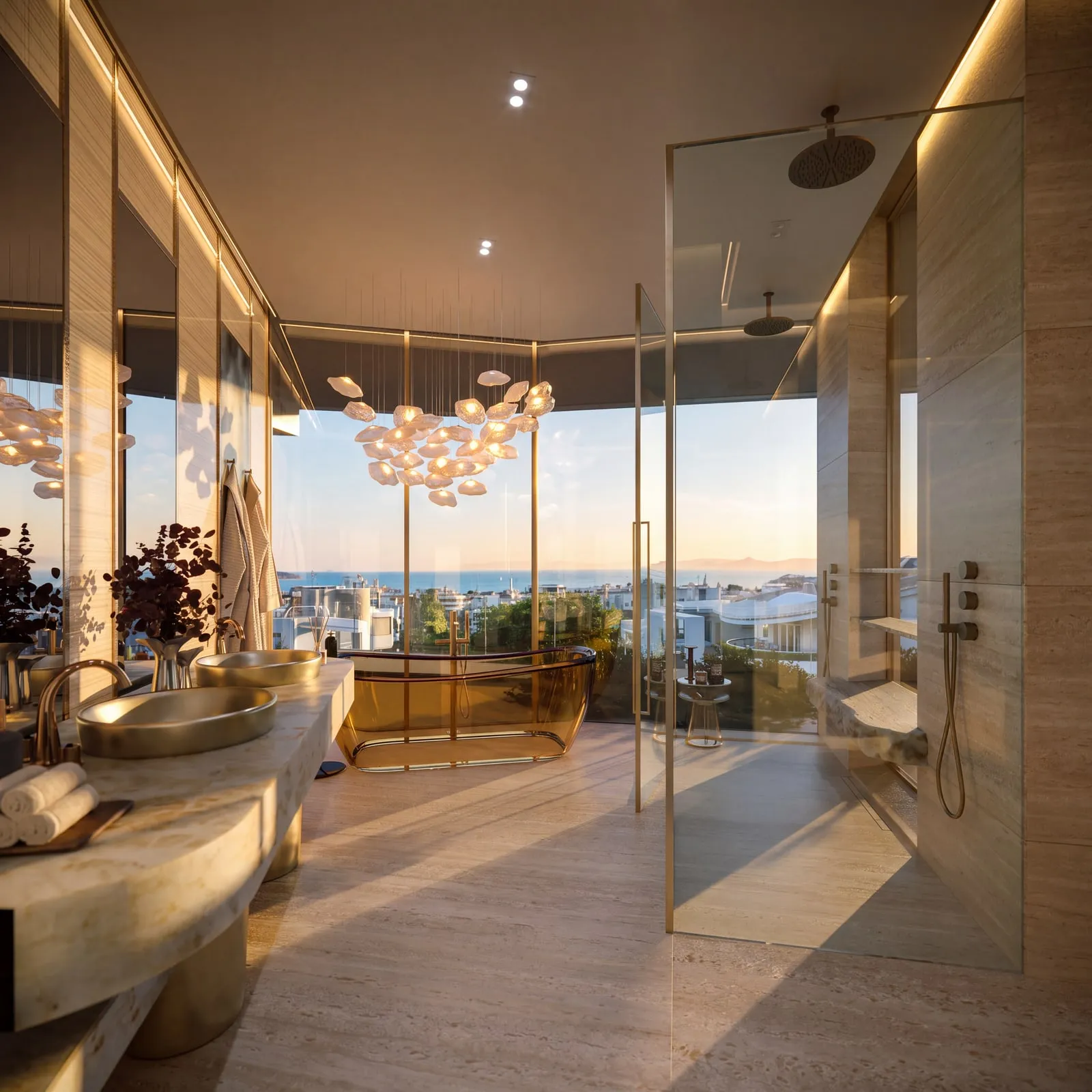 Set against the glazing, the coast beyond.