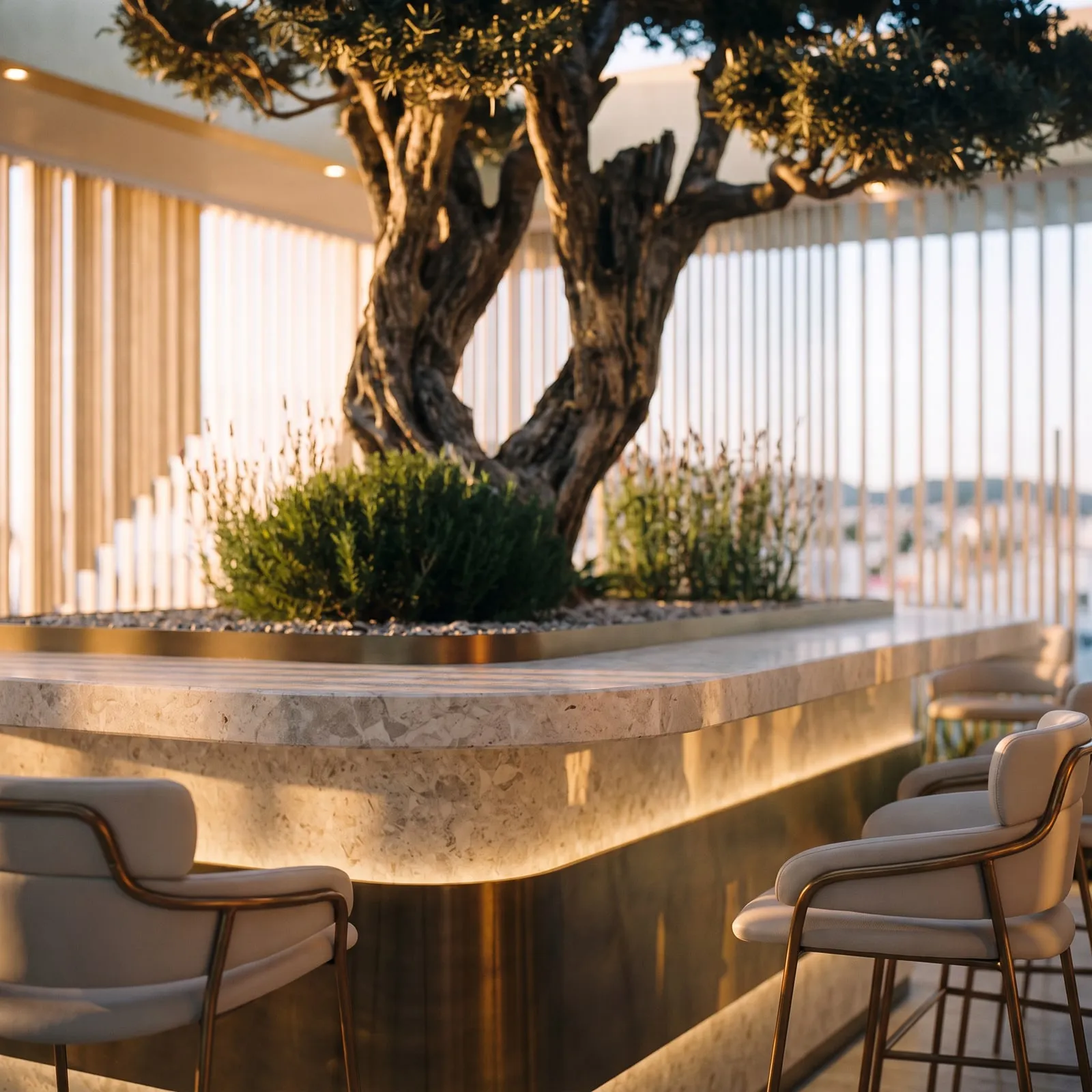 Light glowing beneath the edge of the Penthouse bar’s counter