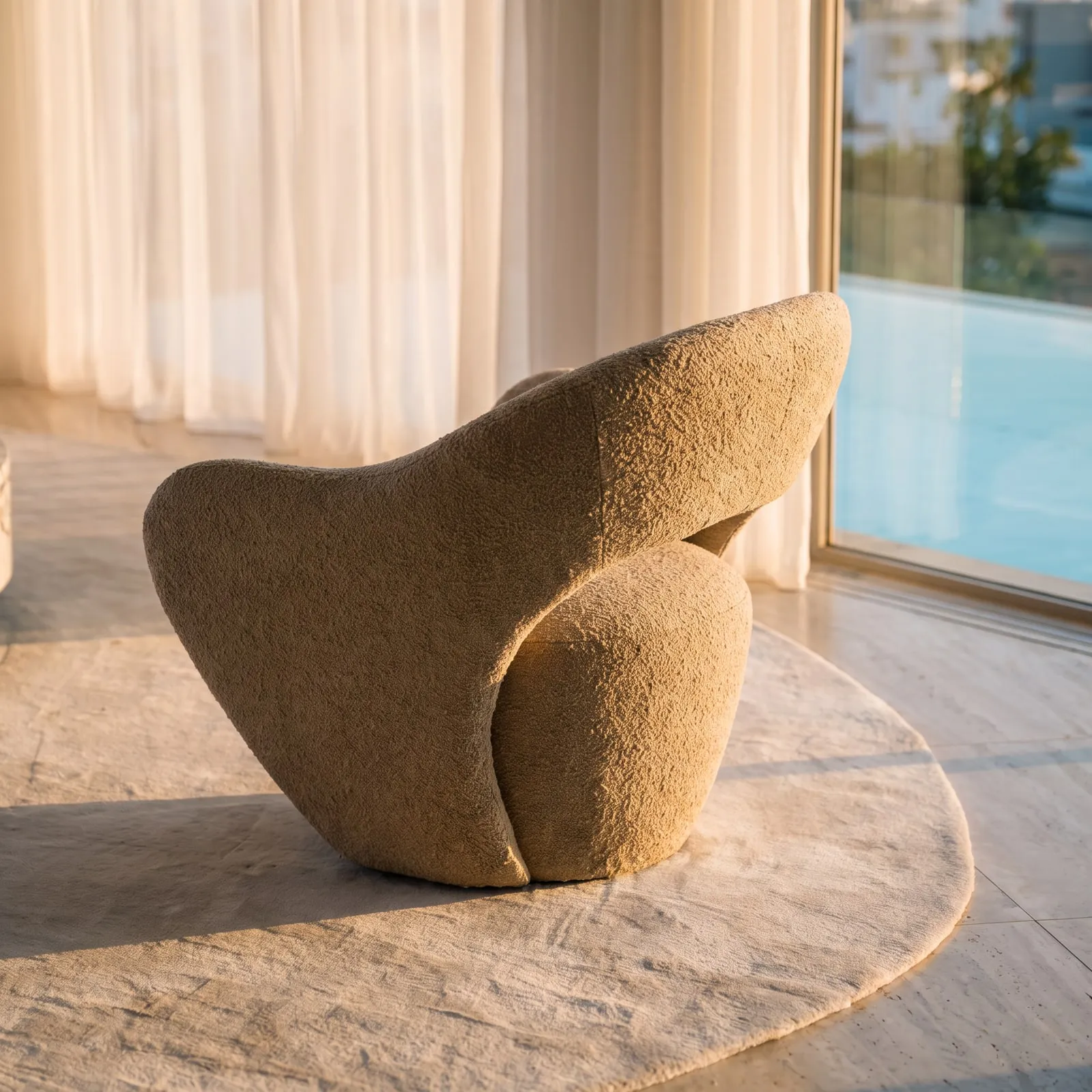 A curved lounge chair beside the glazing.