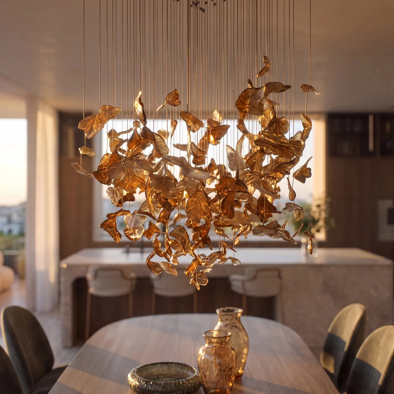 The amber chandelier above the Penthouse dining table