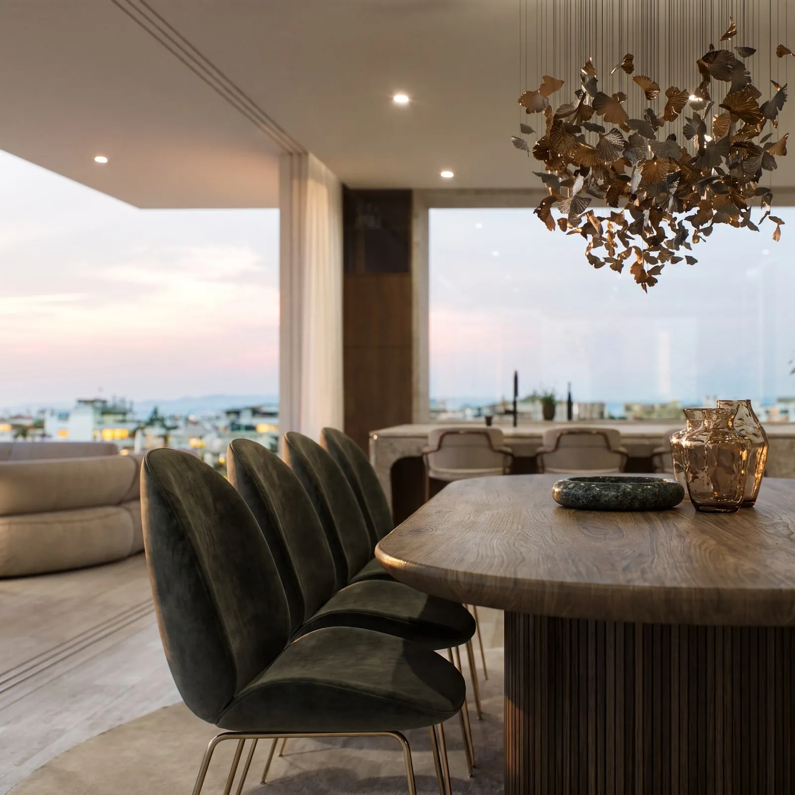 Upholstered chairs around the oval table.