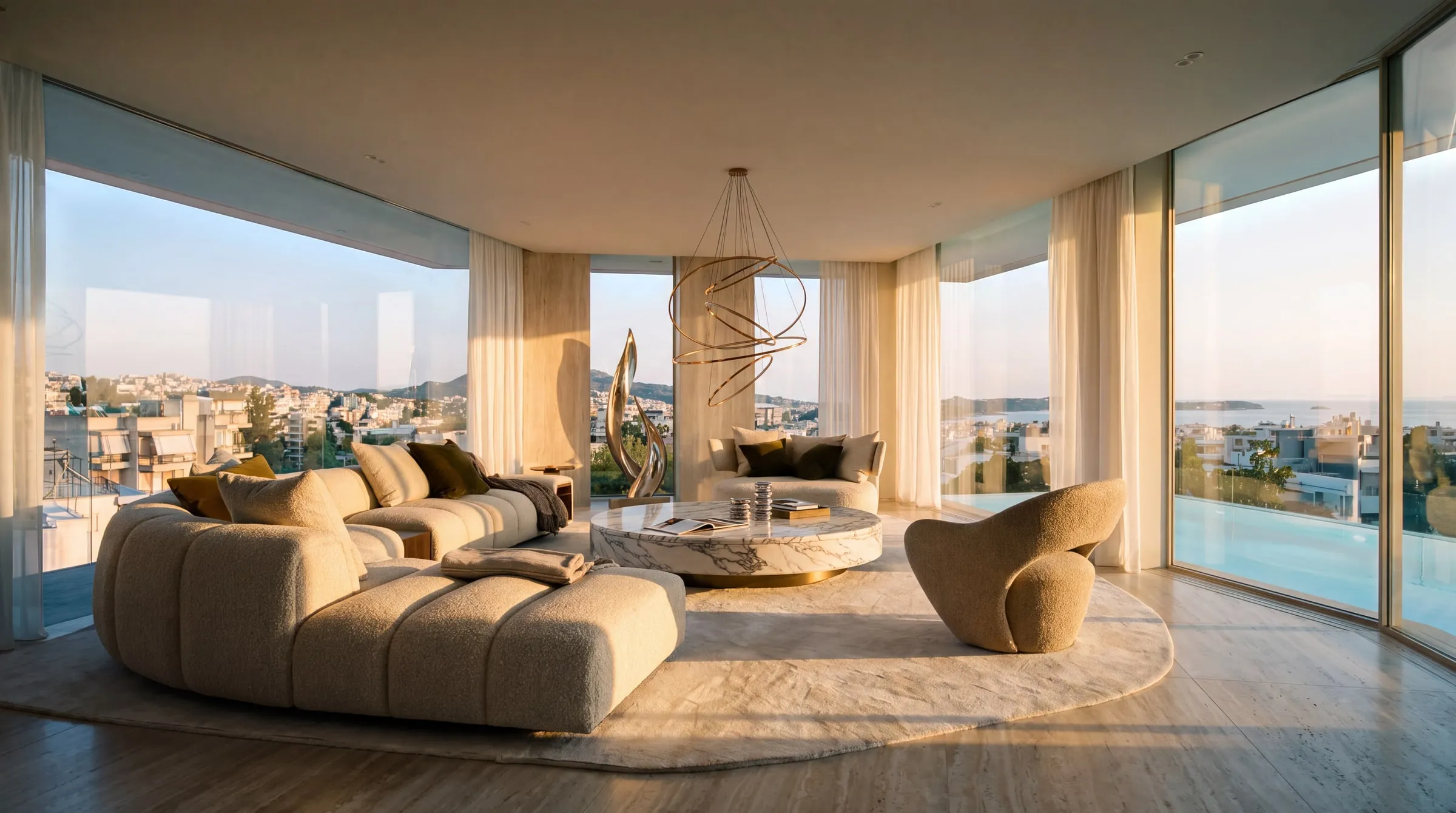 The Penthouse living room in full, its curved glazing towards the terrace and the sea
