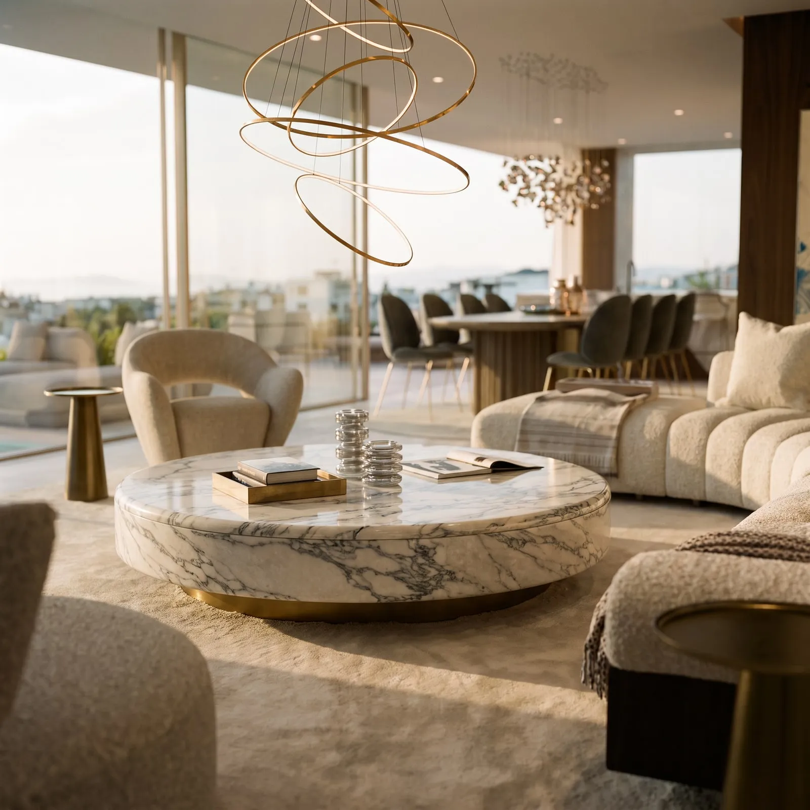 One continuous interior, from conversation to shared meals.
