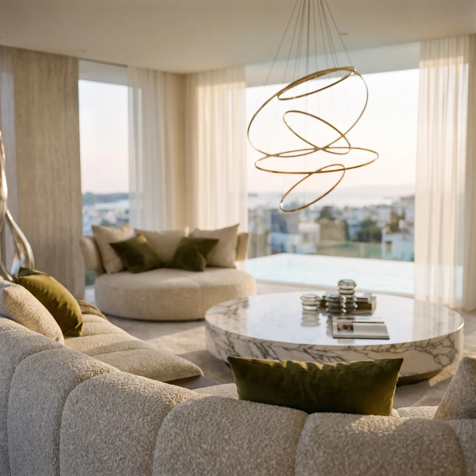 Curved seating around the marble table, beneath the chandelier.