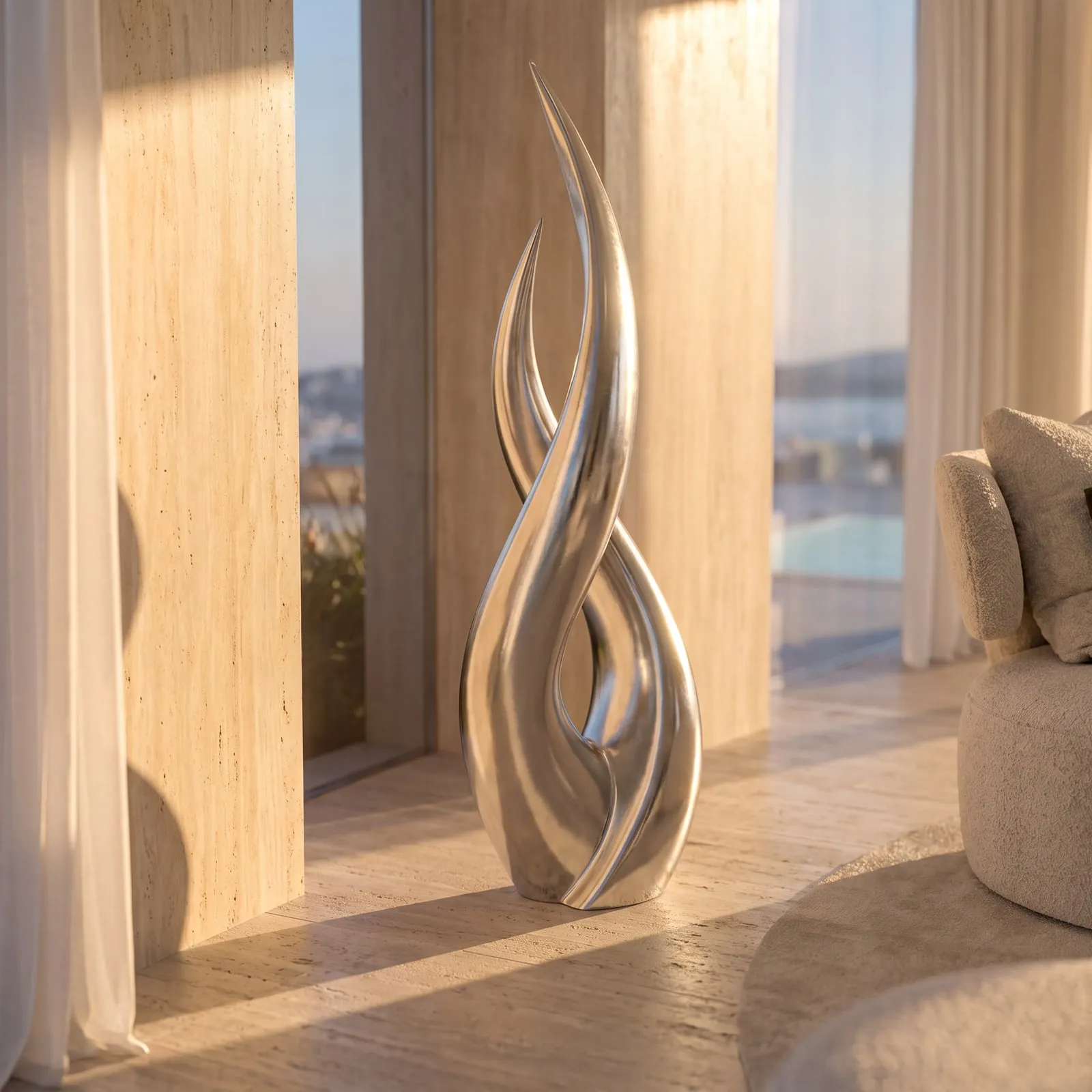 A silver form against warm stone and soft curtains.