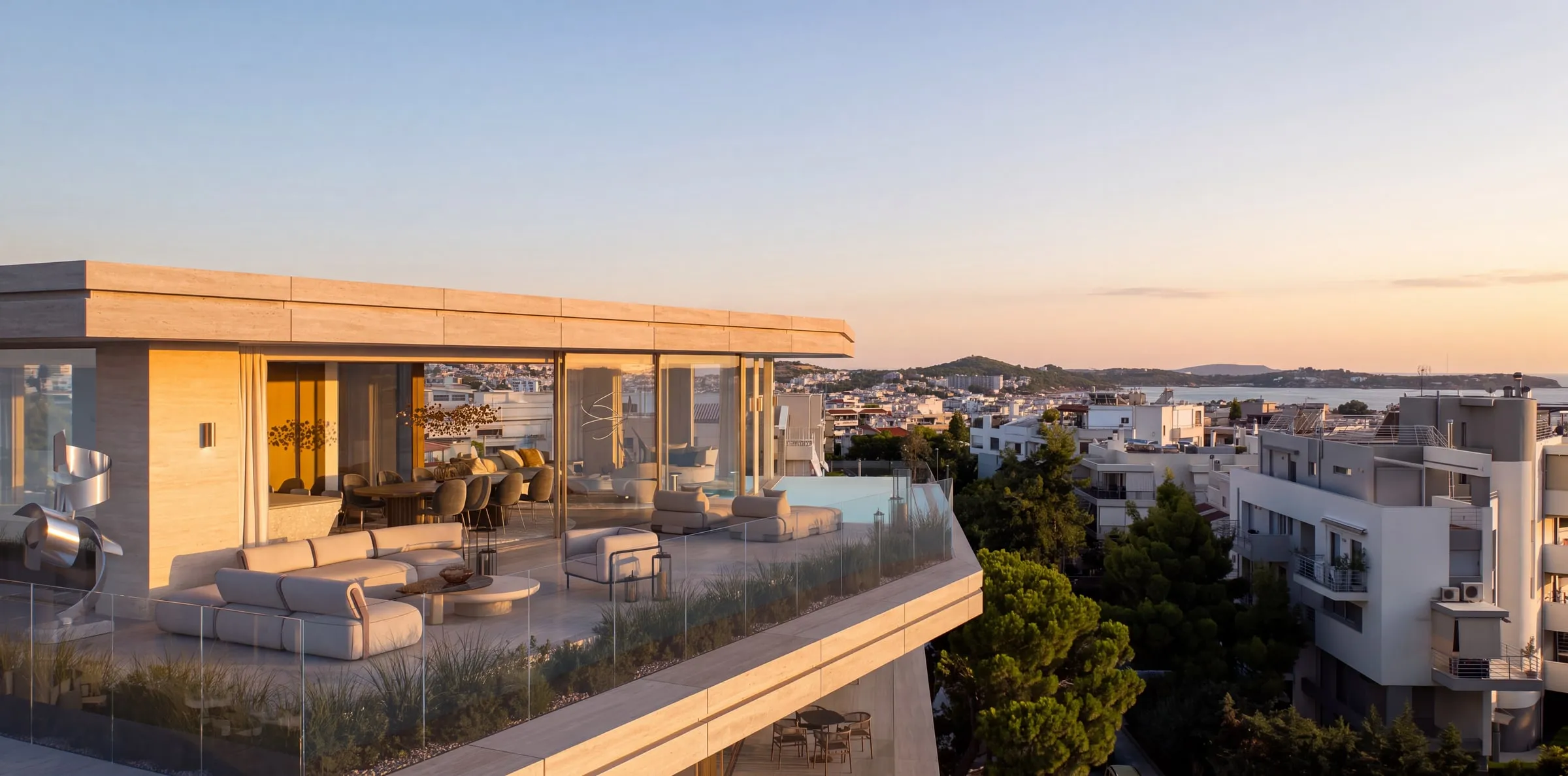 The deck and the living level open towards the city and the sea.