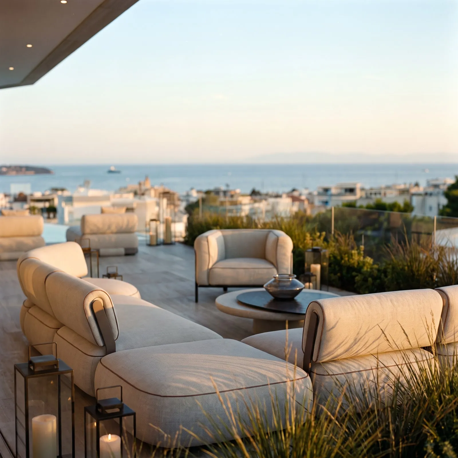 Soft seating, low tables and planting along the glass.