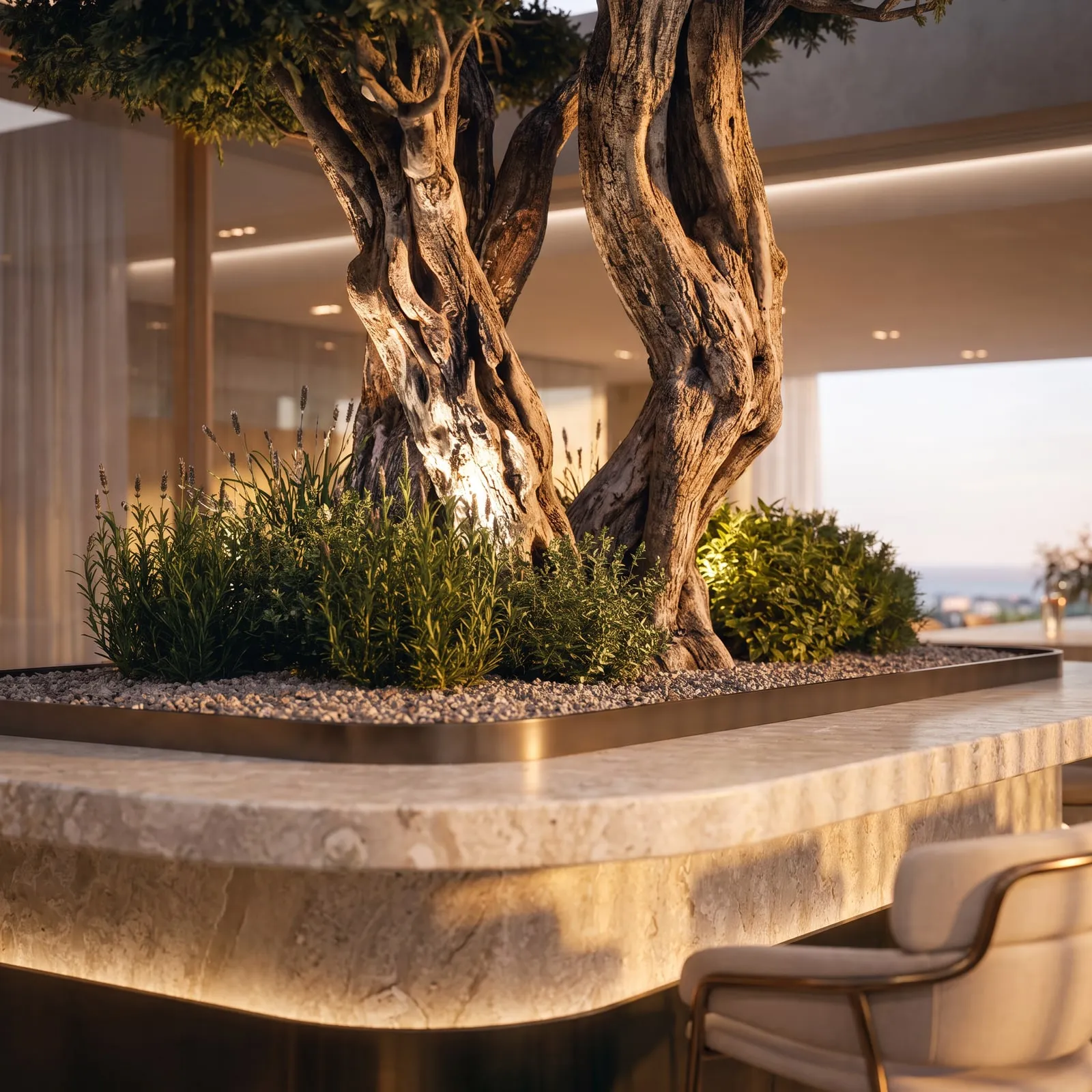 The olive tree grows from the stone counter.