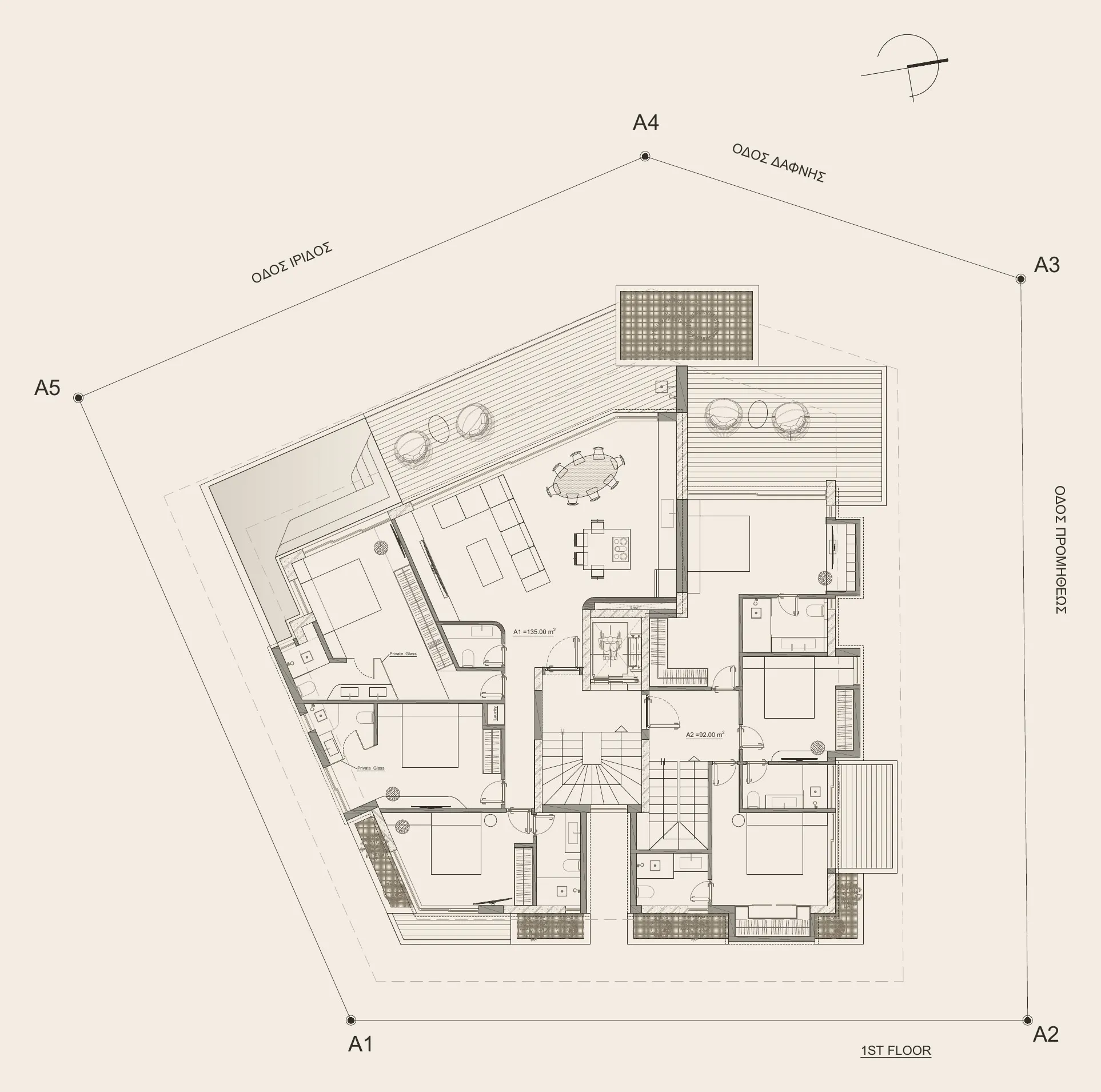 Floor plan of the first floor: its rooms, circulation and outdoor spaces within the building’s footprint