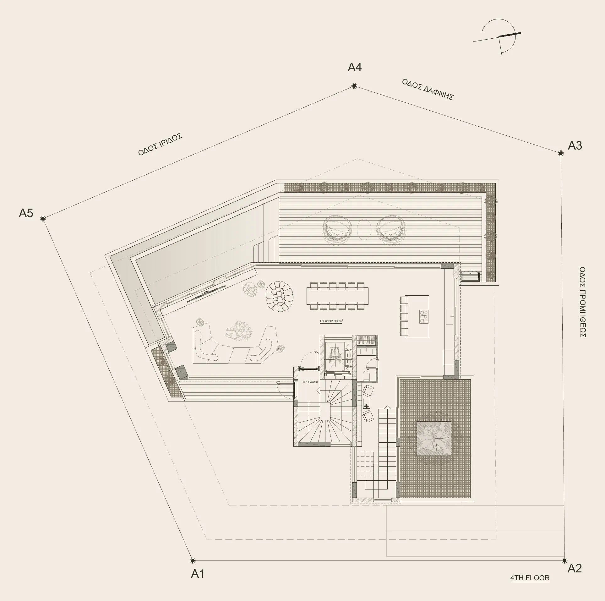 Floor plan of the Penthouse’s fourth floor, the living level: living, dining and kitchen spaces and the terraces
