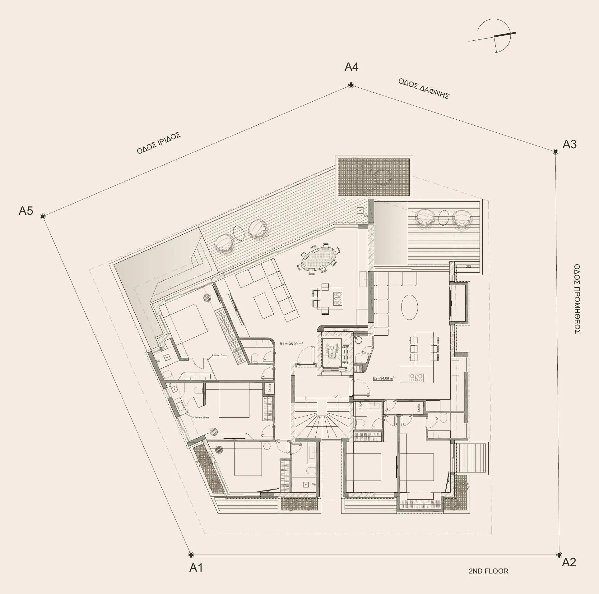 Floor plan of the second floor: living and private spaces alongside their terraces