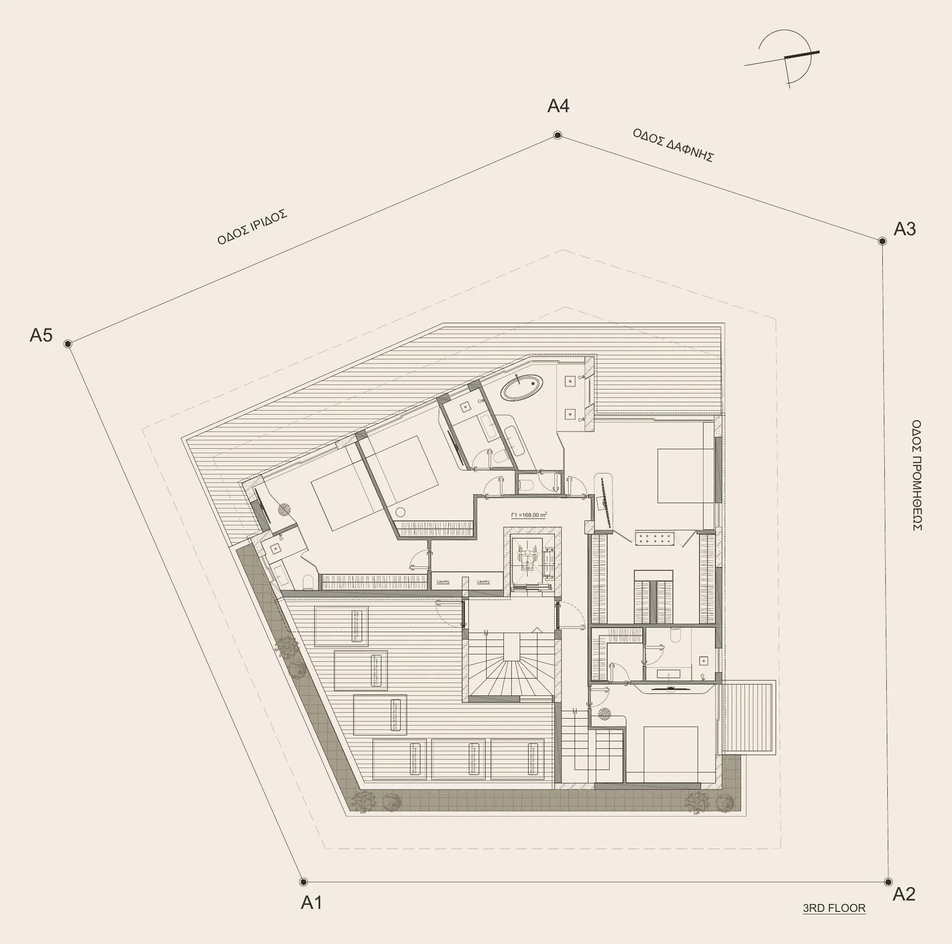 Floor plan of the Penthouse’s third floor, the private level: bedrooms, dressing areas and bathrooms