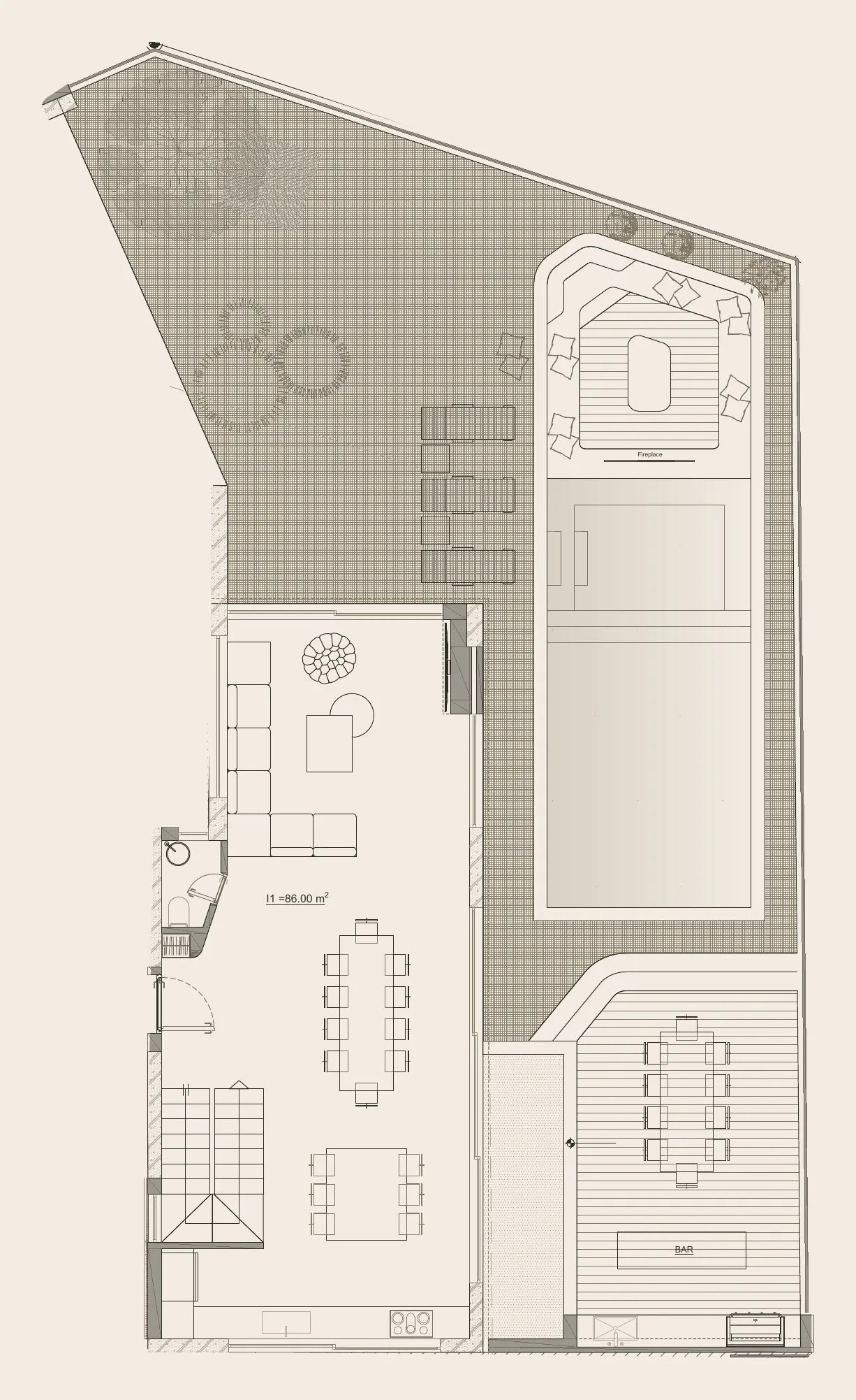 Floor plan of the Villa’s ground floor: the living, dining and kitchen spaces, the garden, the pool and the outdoor dining area