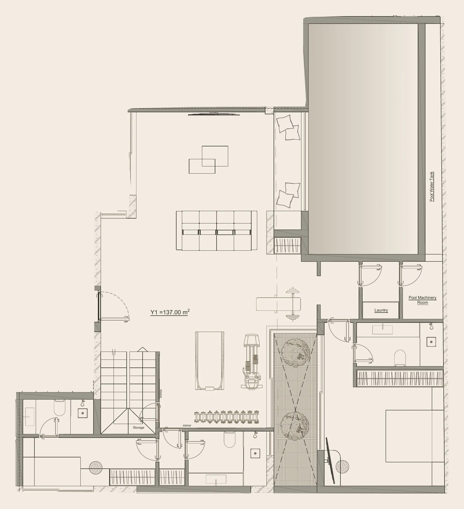 Floor plan of the Villa’s private level: the lounge, the fitness space, the private rooms and the internal stair