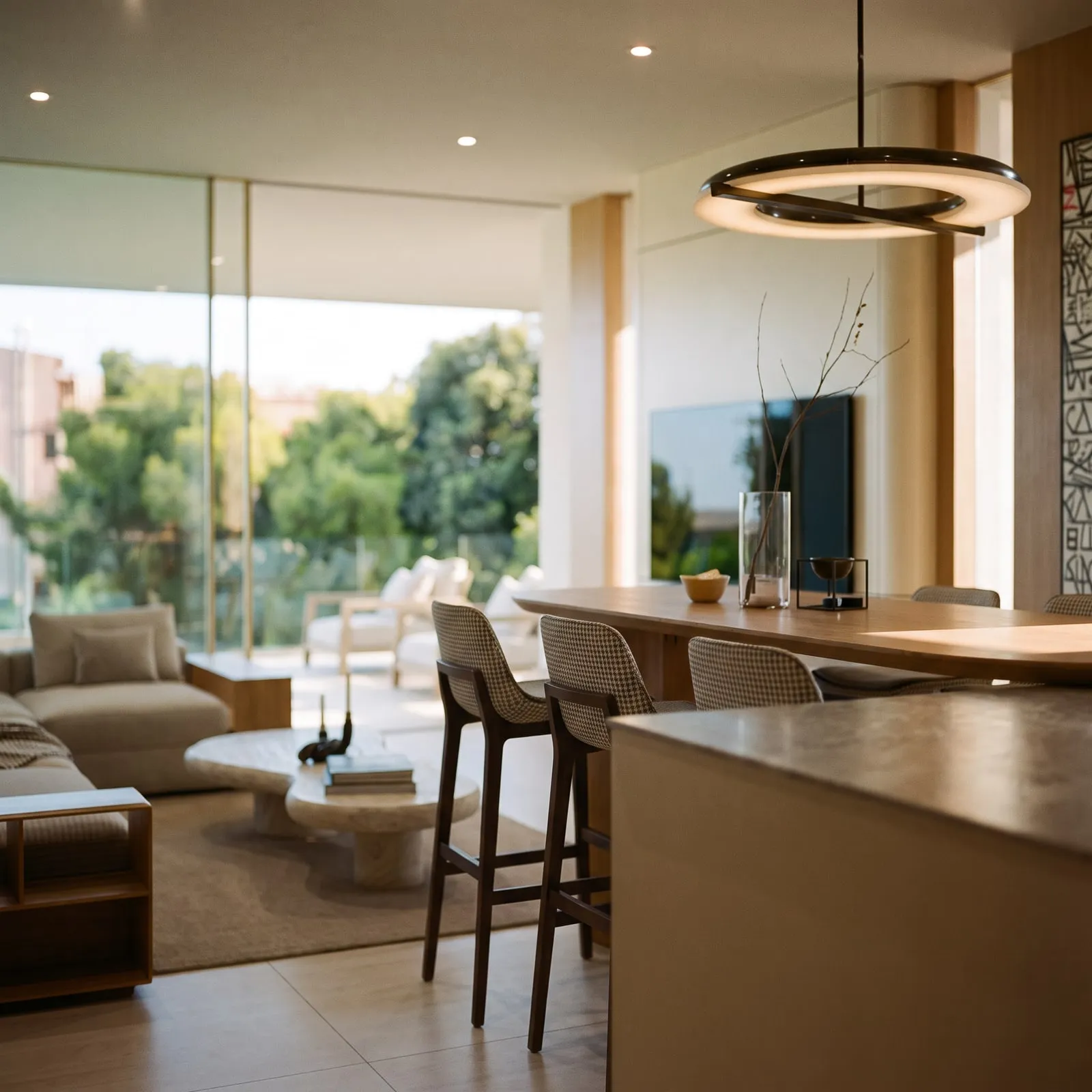 A Residence’s kitchen island and dining table, the balcony and trees beyond