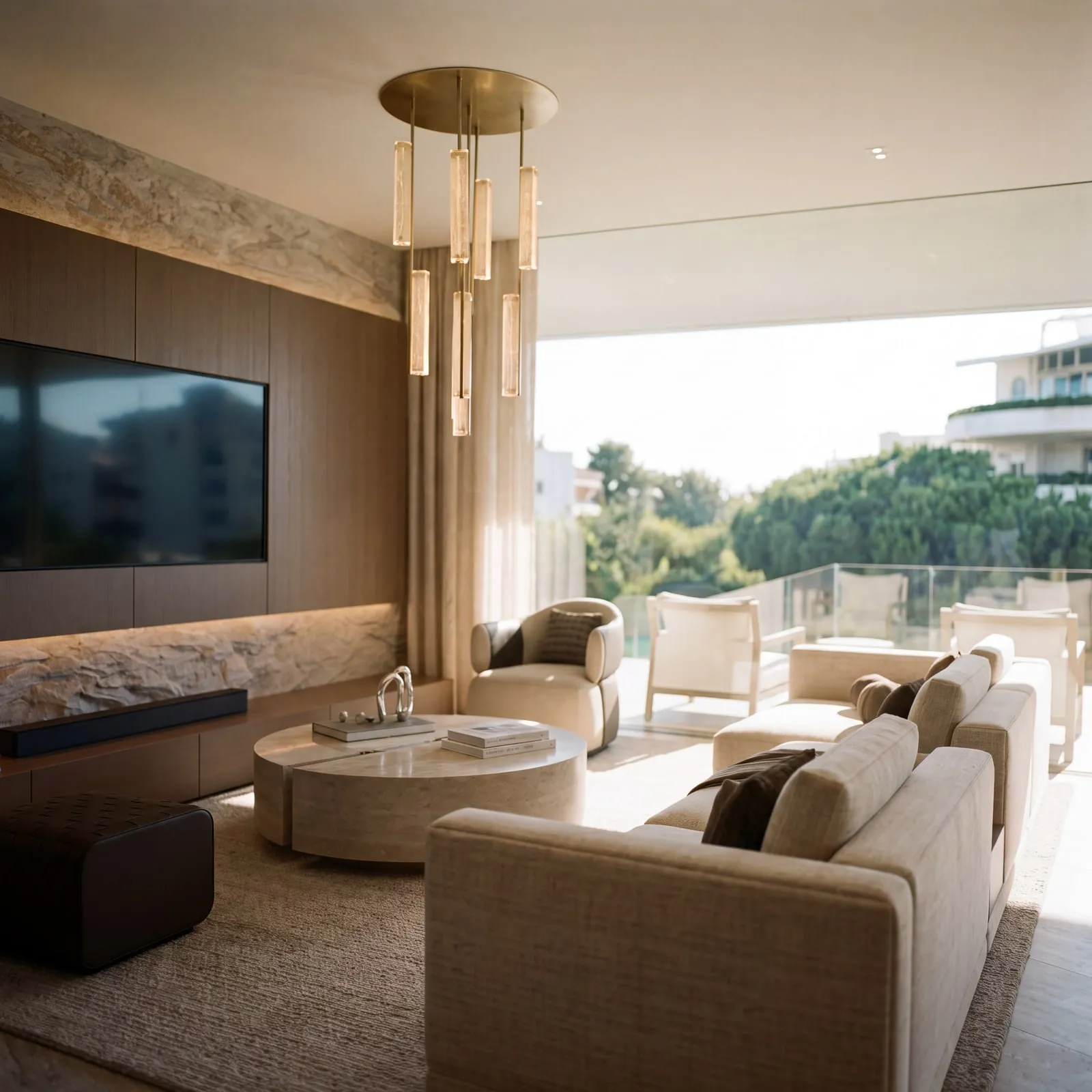 A Residence’s lounge: pale sofas and a marble table, the balcony beyond