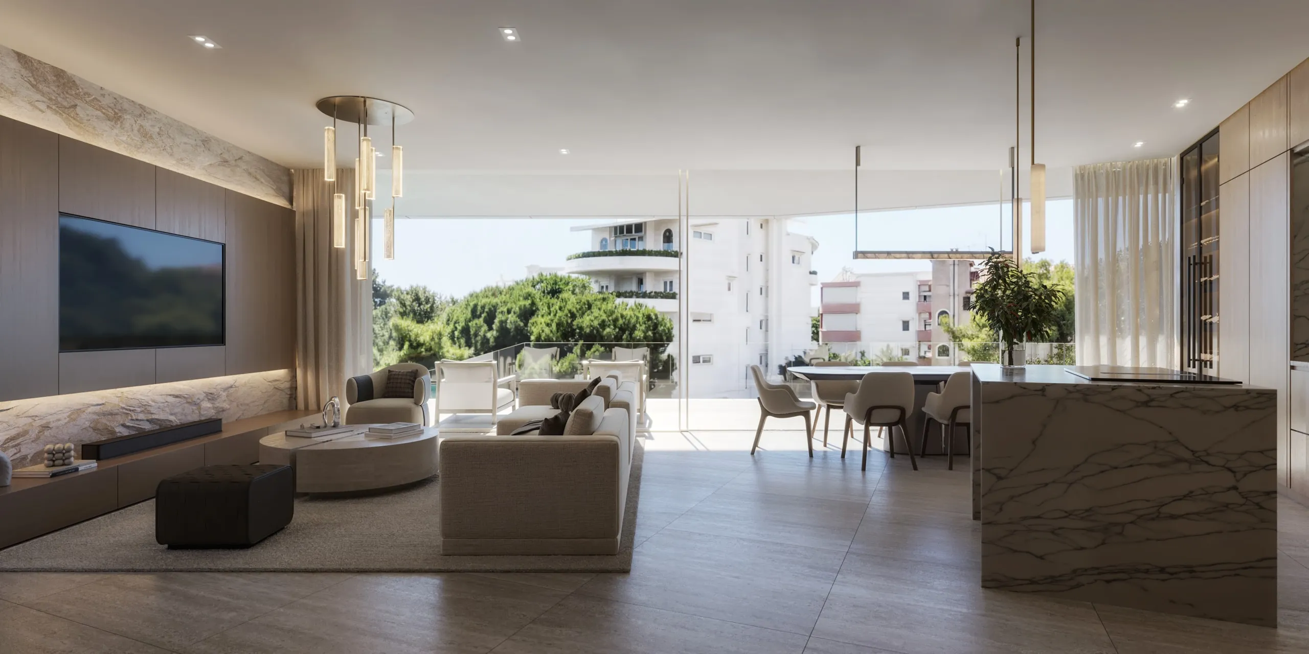 A Residence’s living and dining room opening onto the balcony