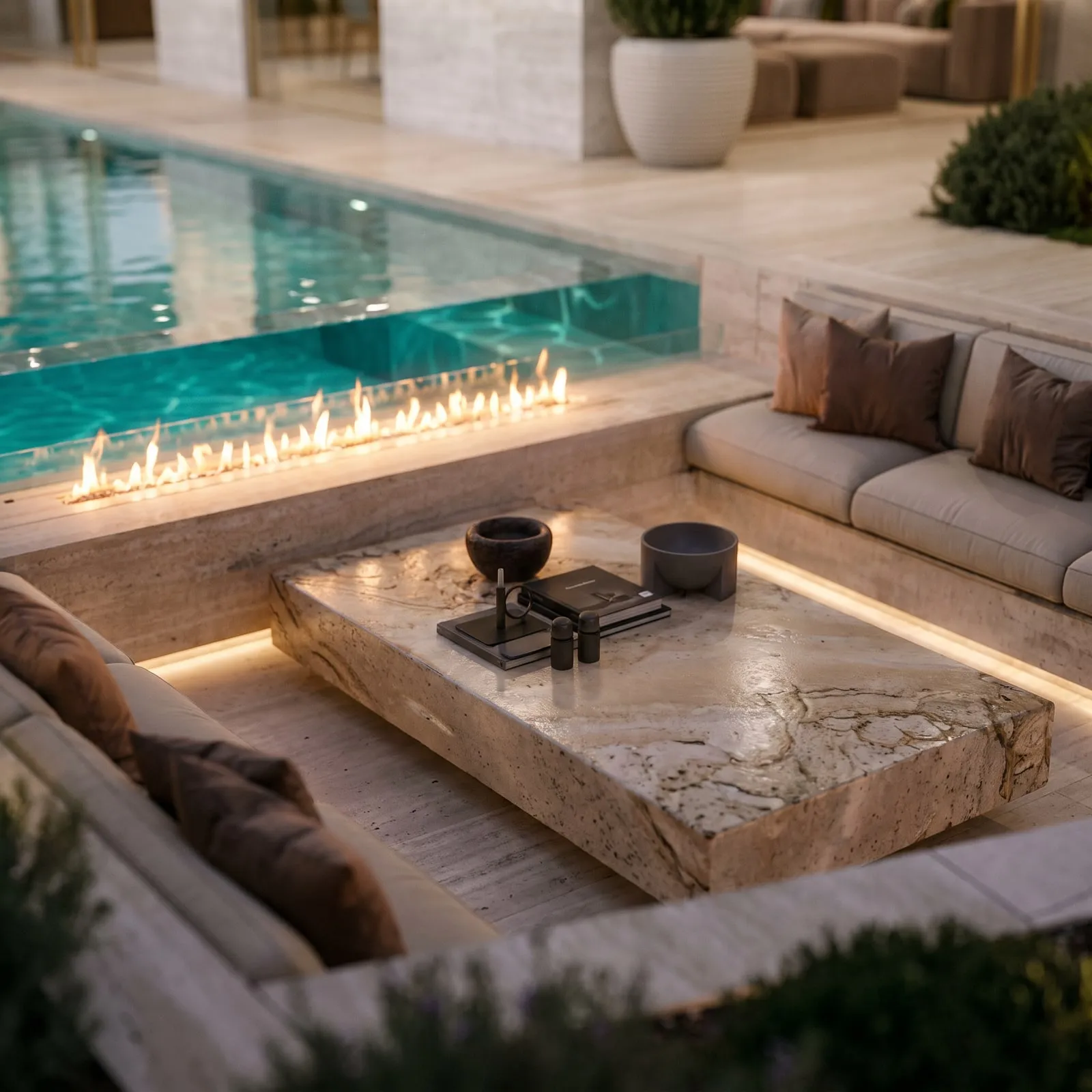 Cushioned seating around a stone table, the pool beside it.