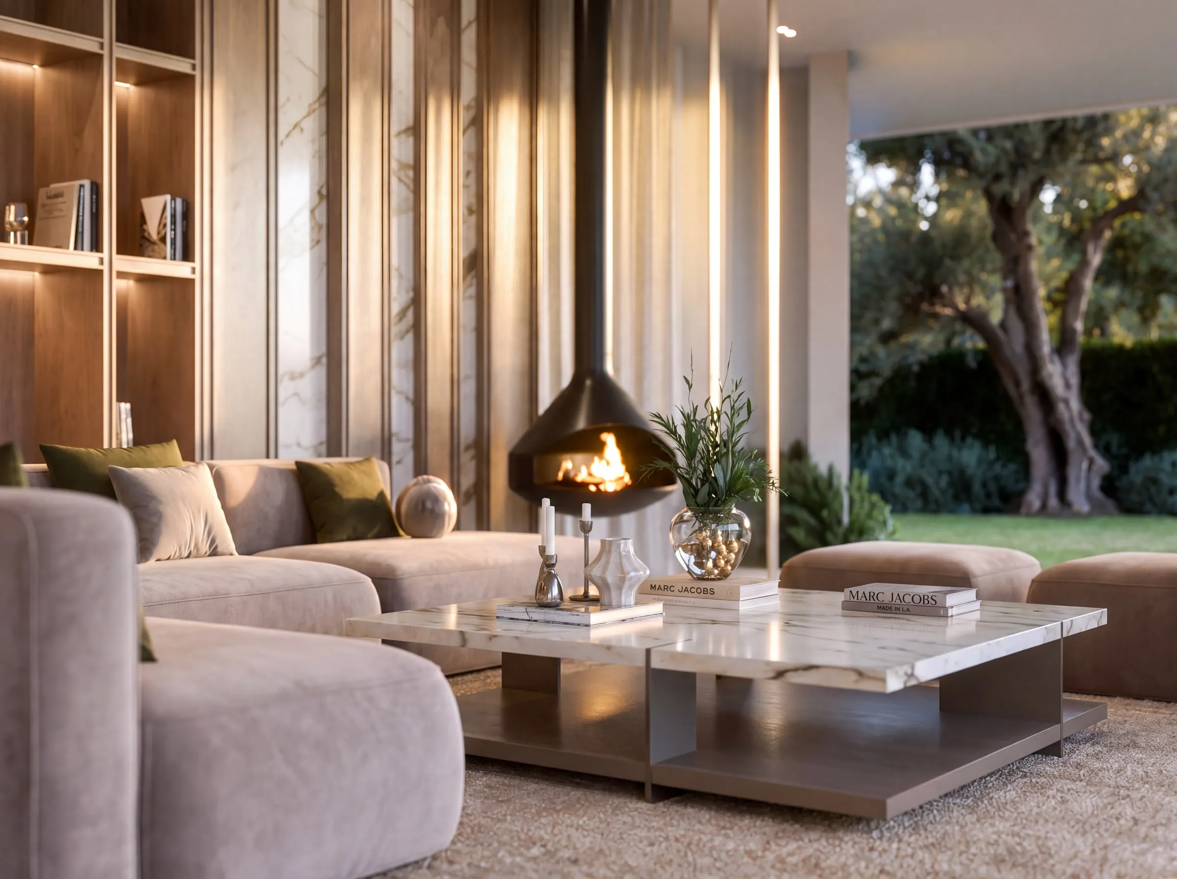 The living room: the hanging fireplace, the sofas and a marble table, the olive tree beyond the glass