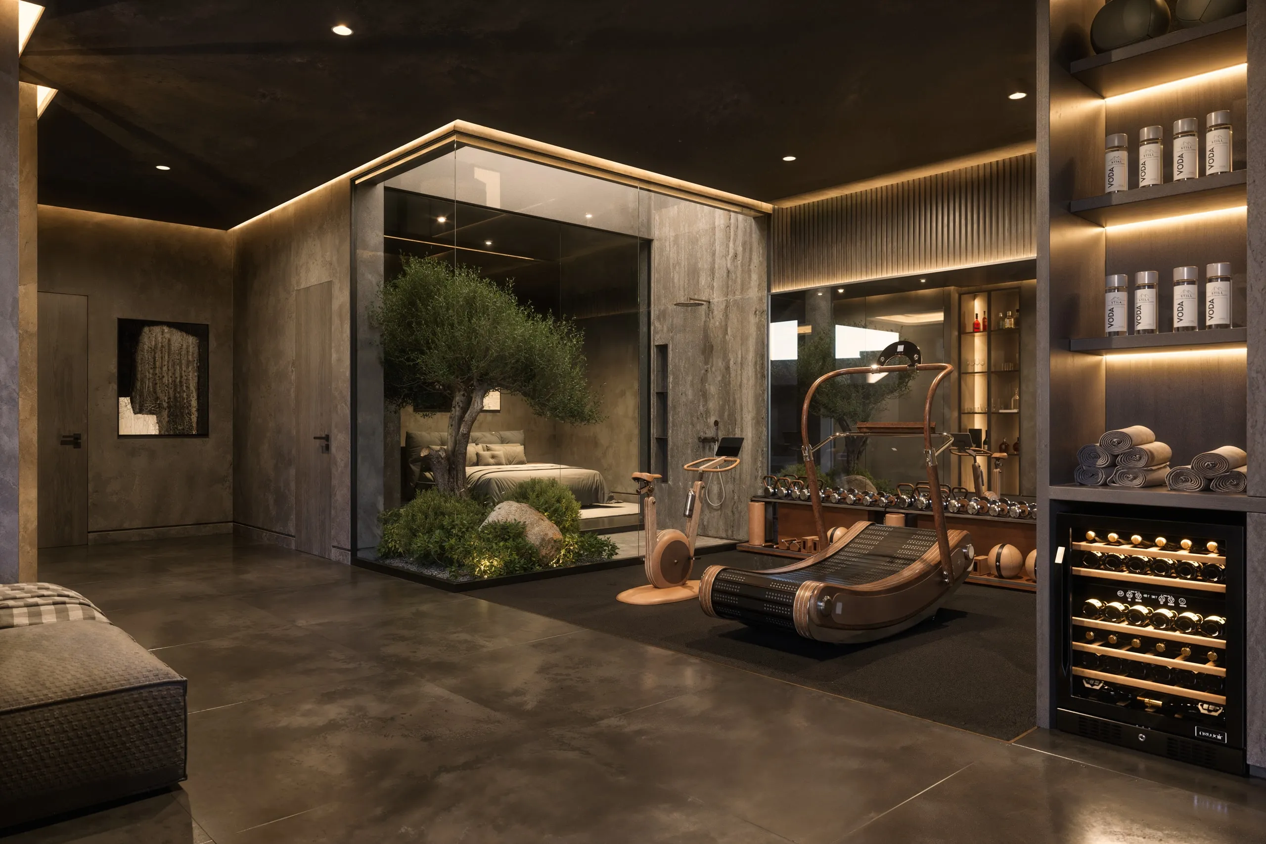 The Villa’s private gym: dark timber, an olive tree under glass, the wine wall