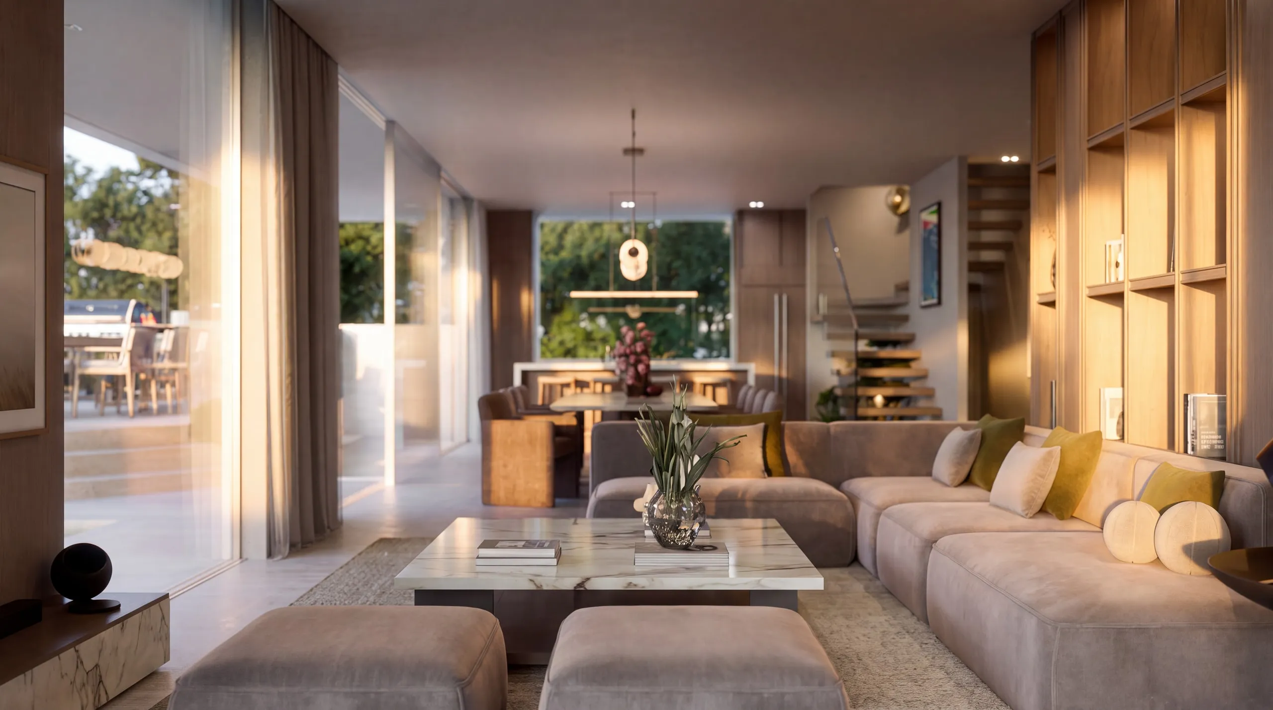 The Villa’s living room, the dining table and the kitchen beyond, the garden through the glass